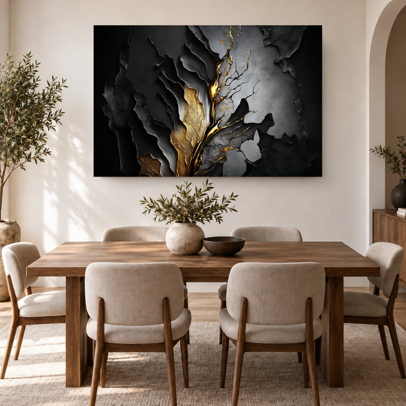 Art mural sur toile de luxe abstrait noir, doré et gris, toile tendue moderne, prête à être accrochée, 24" H x 36" W