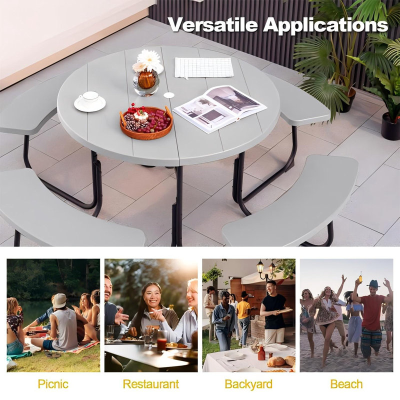 HDPE Picnic Table Bench Set With Umbrella Hole For 6-8, Grey