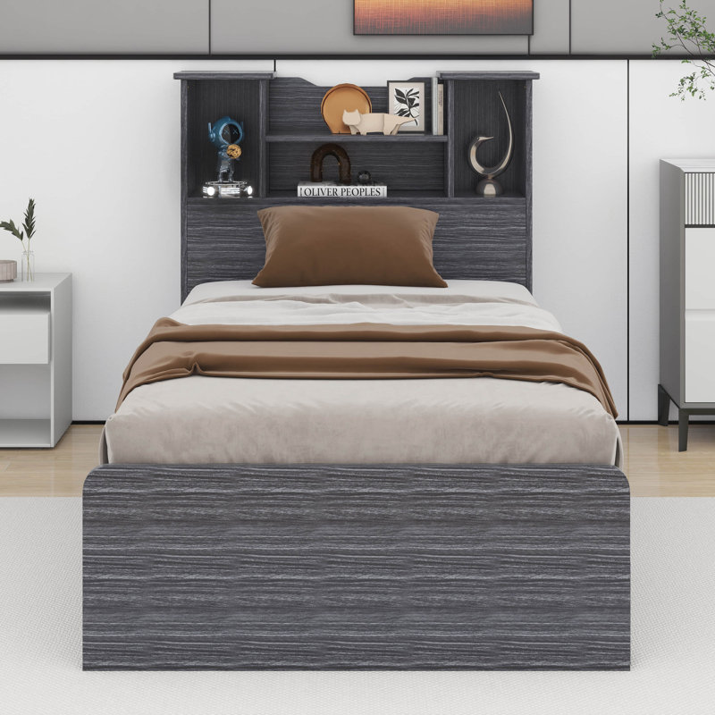 Thersia Platform Bed Frame with 4 Open Storage Shelves, Gray