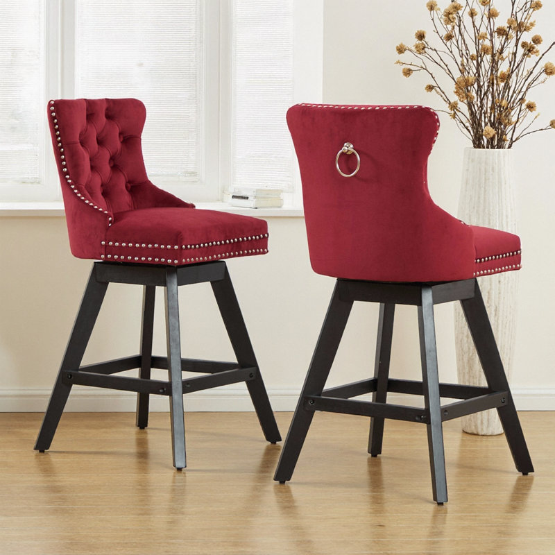 Tabourets de bar pivotants en velours capitonné, pieds en bois et garniture chromée, ensemble de 2, beige, WINE RED