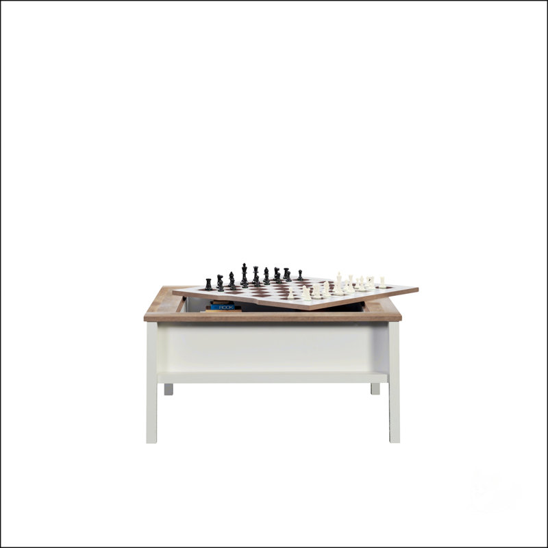Multifunctional Square Coffee Table With Chess And Checkers Game Surface, White Finish And Oak Accents