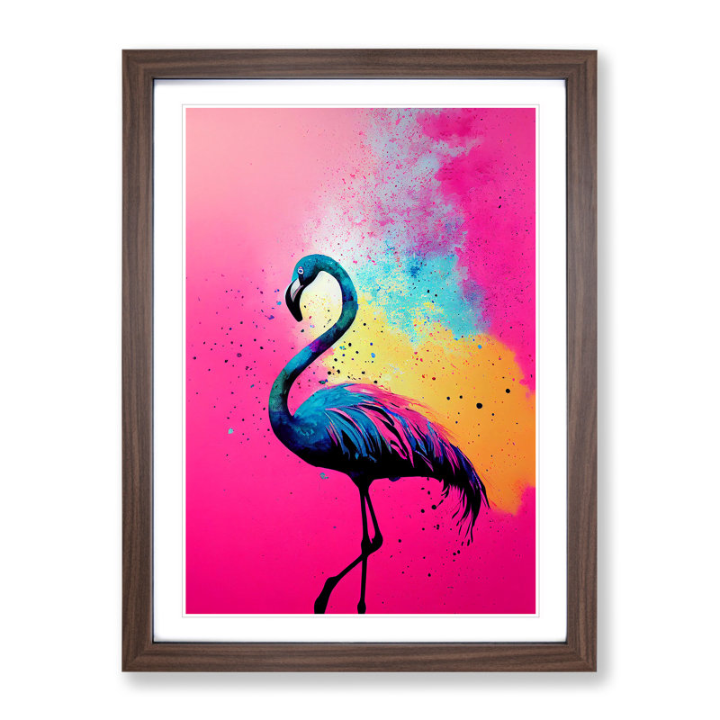 Flamingo Paint Splash No.3 - Single Picture Frame Painting, Walnut, 34cm H x 25cm W x 2cm D