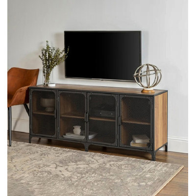 Modern Industrial TV Console with Pine Wood Top and Mesh Doors