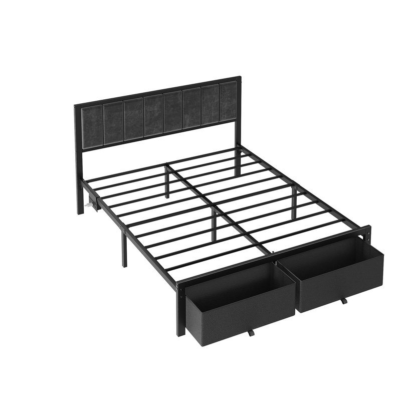 Jabril Bed Frame with Upholstered Headboard and Storage Drawers, Metal Platform Bed Frame with Power Outlets and LED Lights