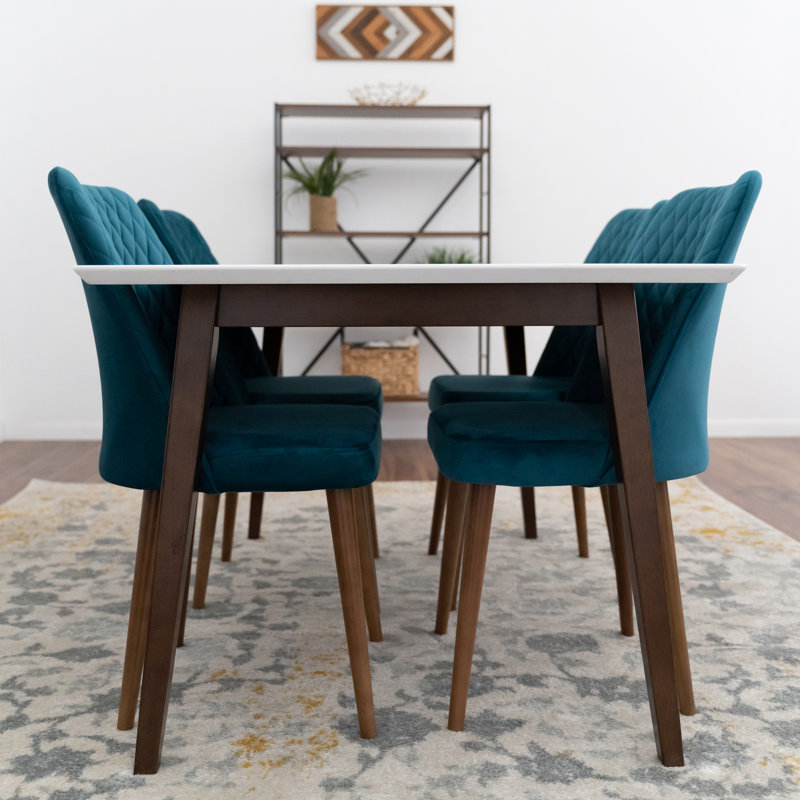Ensemble de salle à manger en bois massif à 4 places avec chaises rembourrées en velours Fredy, Sarcelle