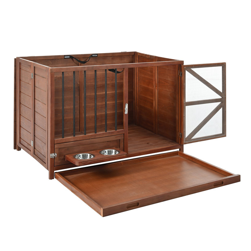 Mobilier de caisse pour chien en bois massif, chenil d'intérieur pliable avec table de bout multifonctionnelle rotative à 360 ° pour petits et moyens chiens, cage pour animaux portable avec plateau amovible et assemblage facile
