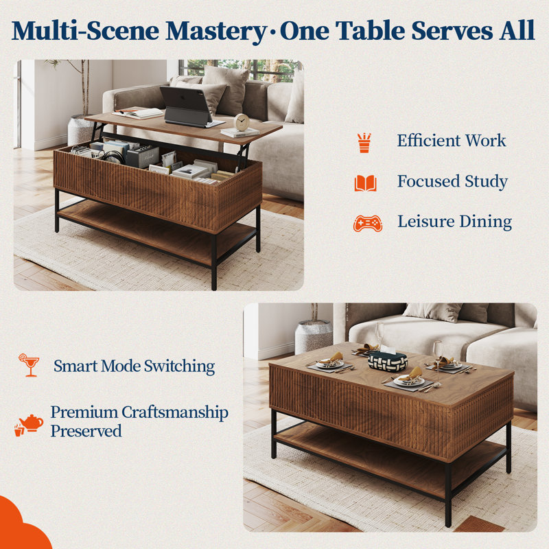 Table basse à plateau relevable avec rangement - et structure en métal robuste - Table de salon multifonctionnelle