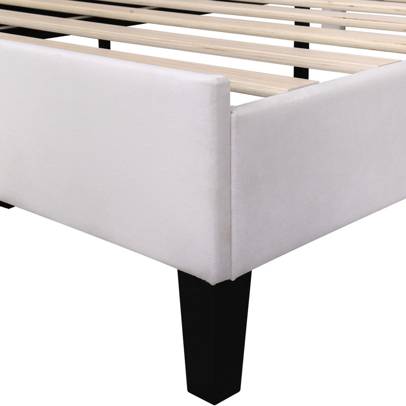 Lit rembourré beige avec tête de lit à motif de fleurs - Bois, plateforme de chambre à coucher relaxante, fonctionnalité élégante