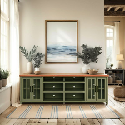 Meuble télé 96 po pour téléviseur de 100 po ou moins, sans assemblage requis, fini sauge et bois fruitier, téléviseurs de style 100 po, assemblage, envoûtant