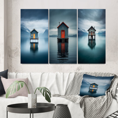 «Little Wooden Lakehouse On A Misty Teal Lake Day», 3 pièces sur toile