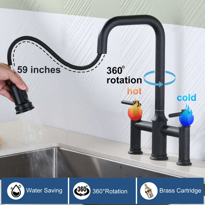 Double Handle Bridge Kitchen Faucet With 360 Degree Spout Swivel In Matte Black, Matte Black