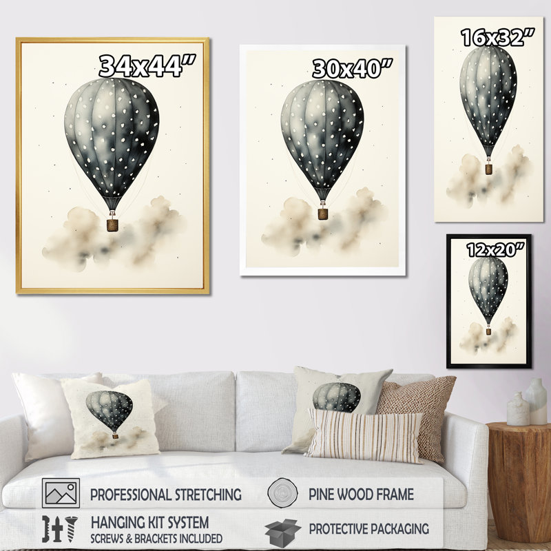 «Minimalist Représentation A Hot Air Balloon Sky Magic I», reproduction d'art sur toile, Cadre photo noir