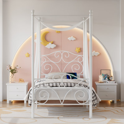 Lit à baldaquin simple en métal avec station de charge portable, cadre de lit à baldaquin avec ports USB-A et USB-C, tête de lit décorative, lattes en métal et rangement sous le lit, aucun sommier nécessaire