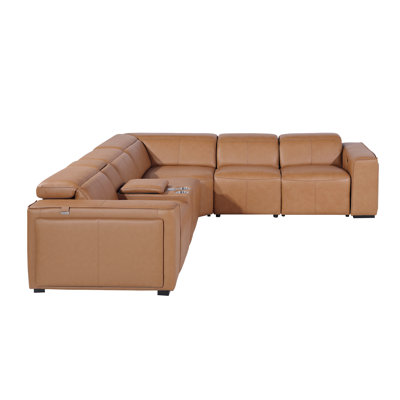 Top Grain Italian Leather 6-Piece L-Shaped Modular Power Reclining Sectional With 3 Power Recliners & Power Headrests