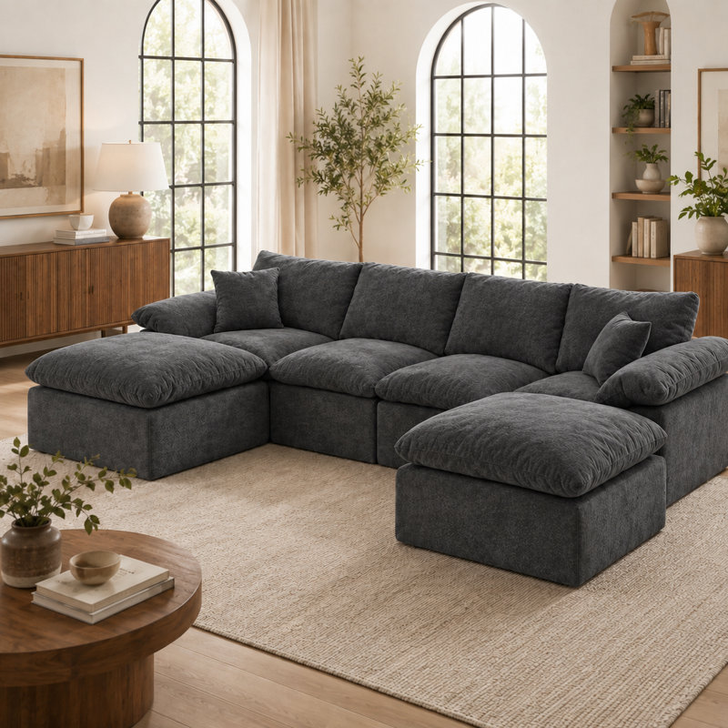Canapé d'angle modulaire 4 pièces avec 2 poufs amovibles, canapé infonuagique profond en chenille reconfigurable avec coussins moelleux, vert