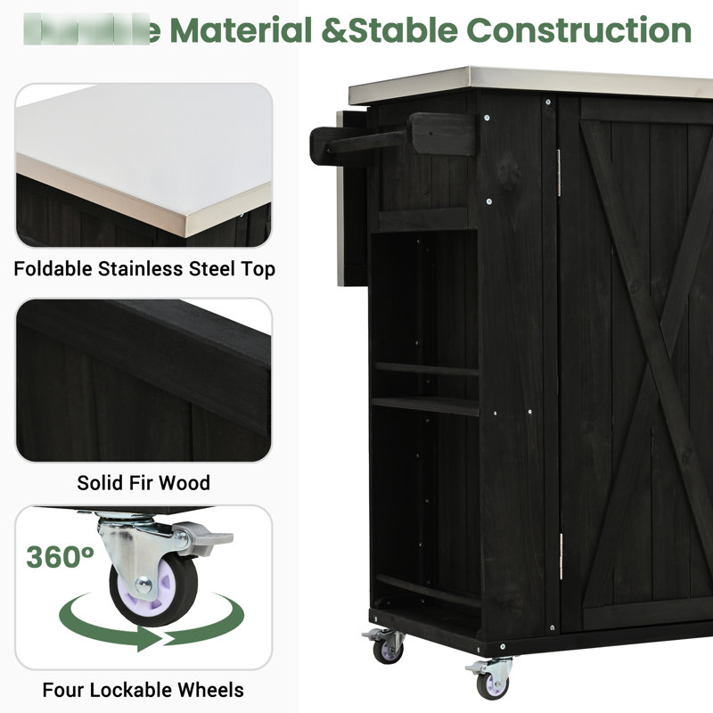 Outdoor Kitchen Island With Stainless Steel Surface - Fir Wood Versatile Storage, Towel Rack, Spice Built-In Bottle Opener, Mobility Option Countertop Solution Supplied And Elegant