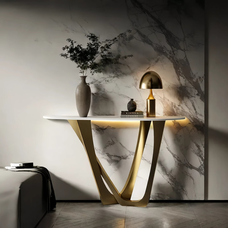 Console en acier inoxydable, Blanc / Champagne doré, H 33,5 po x l 47,2 po x P 15,4 po