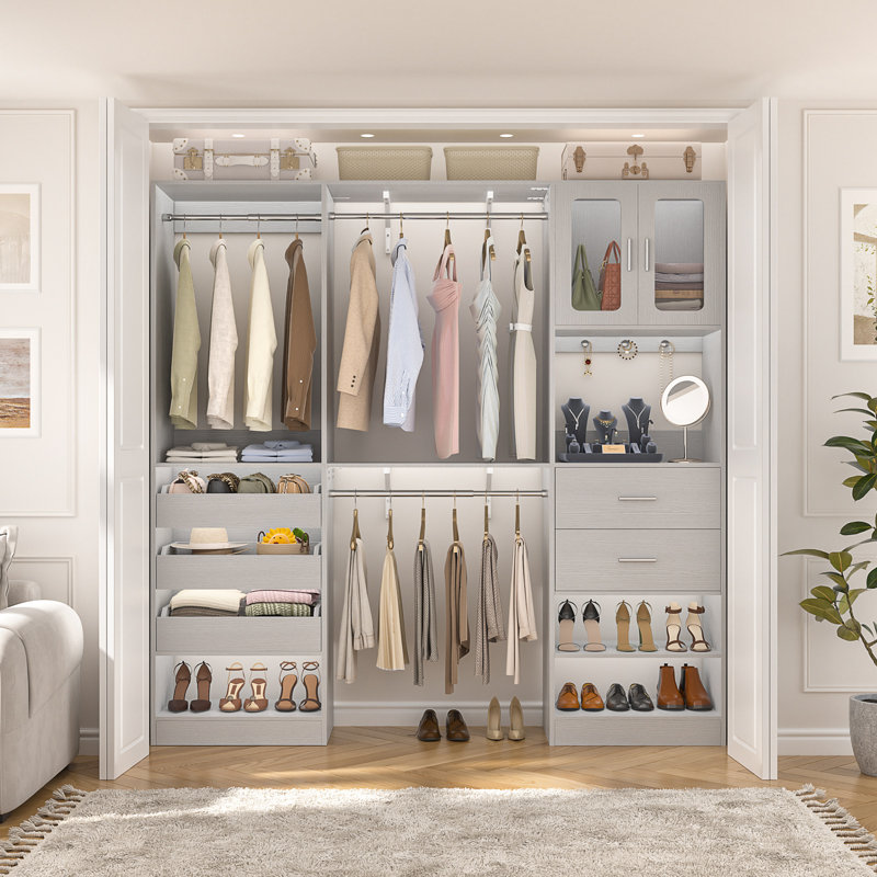 80"-120" Closet System With Door And Wooden Drawers（Adjustable Width）, Gray
