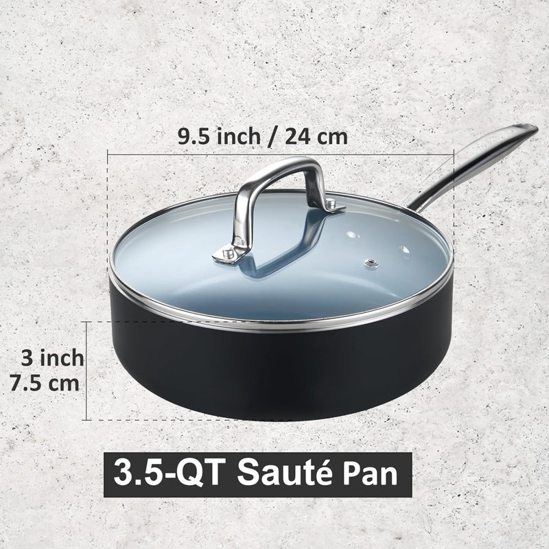 Cook N Home Nonstick Ceramic 3.5-QT Deep Sauté Pan with Lid, 9.5-inch Deep Frying Pan Skillet with Stay-Cool Stainless Steel Handle, Black & Gray