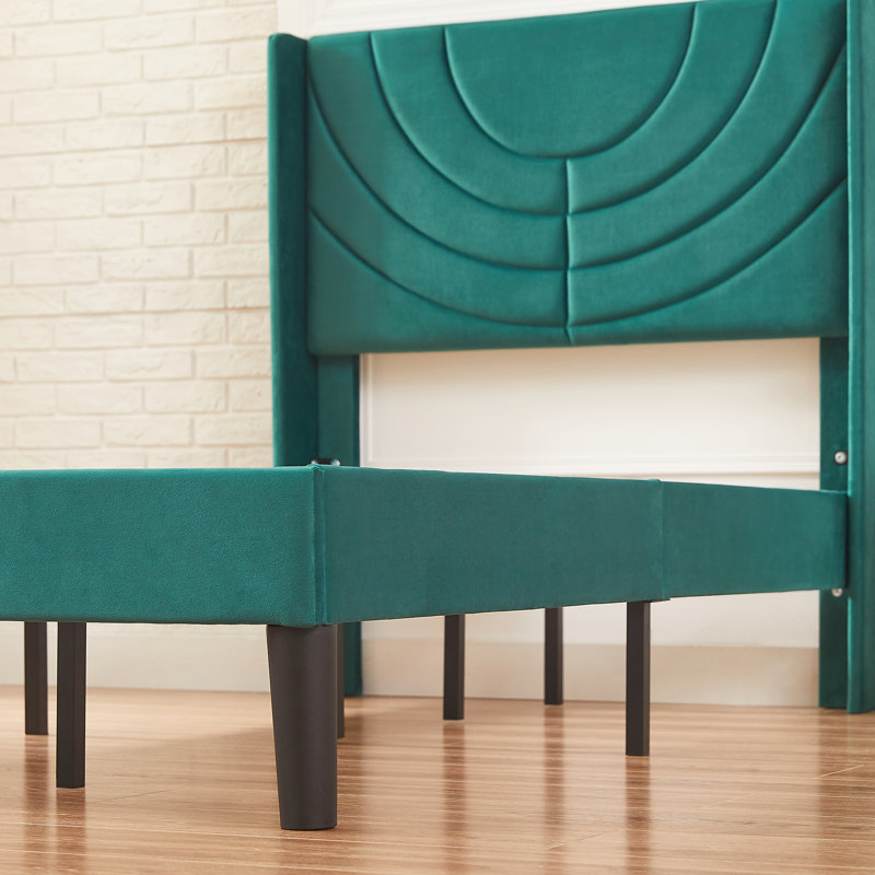 Rehnuma Twin Bed Upholstered Platform with Headboard and Strong Wooden Slats, Dark Green