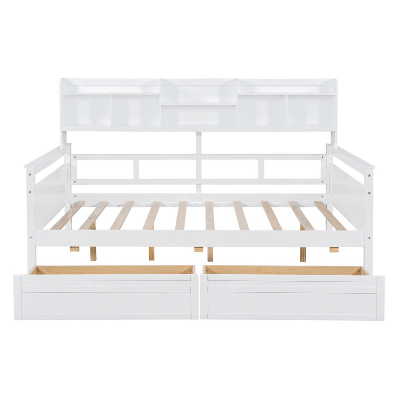 Lit de jour pleine grandeur de couleur blanche, support en lattes de bois, tablette de chevet et deux tiroirs, multifonctionnel pour le divertissement à la maison - avec lattes, tablette, pratique pour des vacances