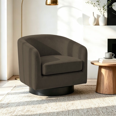 Fauteuil demi-tonneau pivotant en velours de café avec base en bois massif Eugenie Applewold