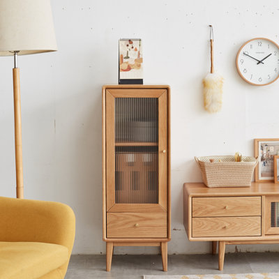 Solid Oak Storage Cabinet For Living Room - Free-Standing Corner Cabinets Storage Table With Vintage Glass Door,2 Shelves,1 Drawers & Brass Handle For Entryway Kitchen Hallway Tv Stand