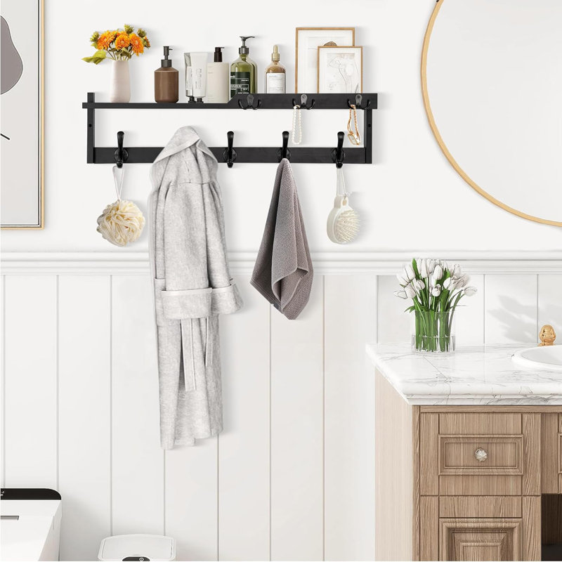 Wall Mounted Coat Rack With Shelf, Key Hooks And Mail Holder - Multi-Functional Entryway Organizer, Floating Shelf With Storage For Hats, Coats And Keys - Durable Solid Wood Construction