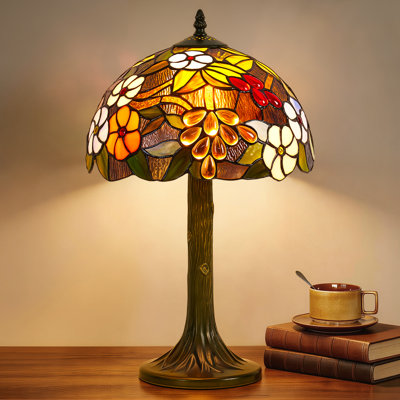 19" Tiffany-Style Modern Table Lamp,12" Stained Glass Lampshade with Vintage Metal Base, Bulb Included, In-Line On/Off Switch, for Living Room, Bedroom, Home Office, Desk