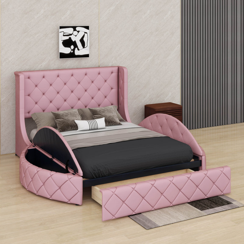 Structure de lit plateforme en velours grand avec rangement, structure de lit tapissier capitonné avec tête de lit à oreilles, 1 grand tiroir et 2 tabourets de rangement latéraux