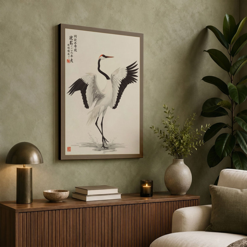 Standing Crane Japandi - Wrapped Canvas, 18x12 - 45.7 x 30.5 cm, Cream Border