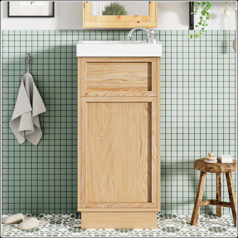 Meuble-lavabo de 15,75 po avec lavabo en résine réversible, armoire en panneau de fibres à densité moyenne, tablette réglable, porte à pousser, finition grain de bois, idéal pour les petits espaces
