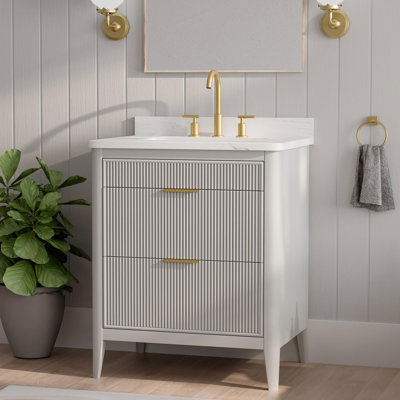 30" Gray Freestanding Bathroom Vanity, Carrara Marble Top, Fully Assembled, Soft-Close Drawers