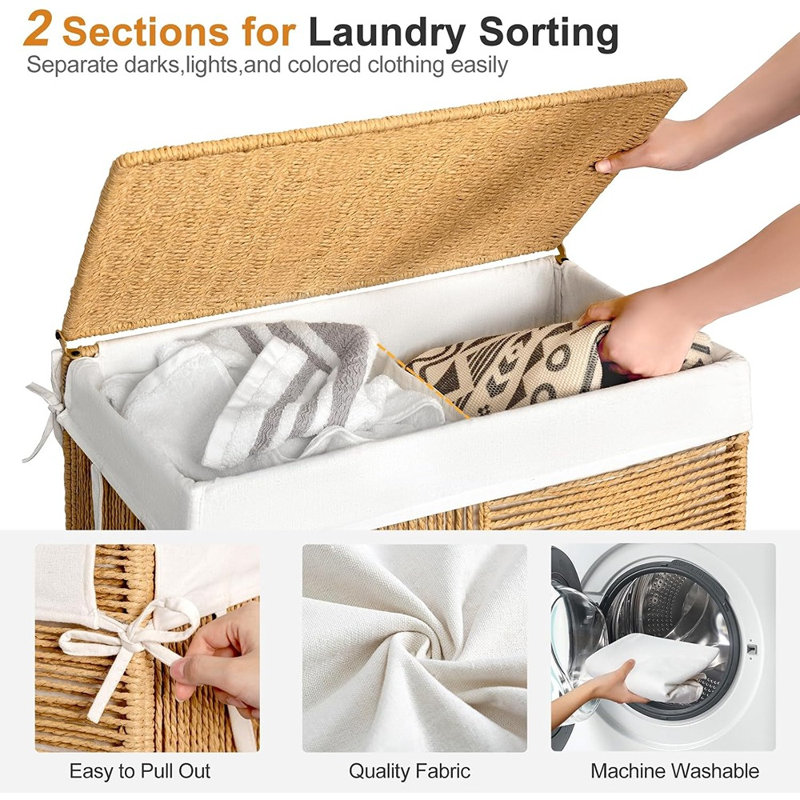 Panier à linge double à roulettes avec couvercle, panier à linge tissé à la main avec roulettes, sac intérieur amovible, trieur à linge grande capacité, naturel
