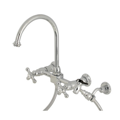 Kingston Brass Restoration Double-Handle 3-Hole Wall-Mount Bridge Kitchen Faucet with Brass Sprayer