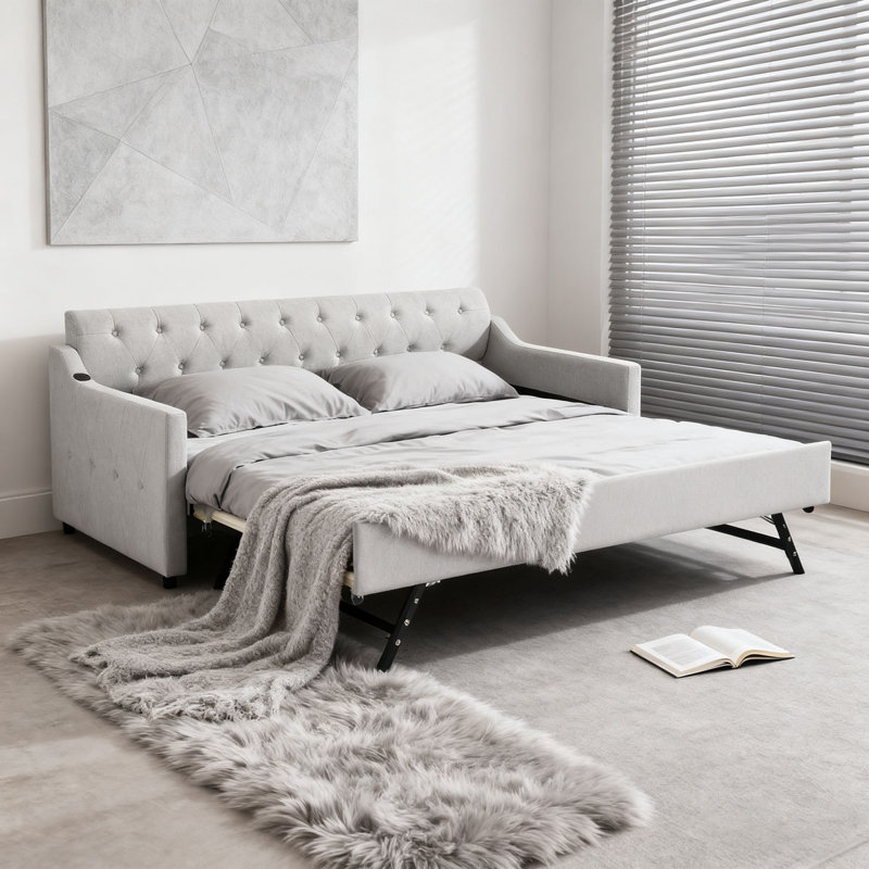 Lit de jour avec lit gigogne simple et charge USB, Gris