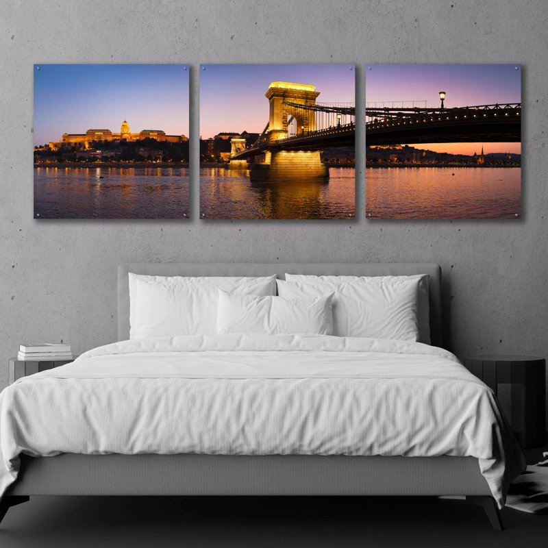 «Panorama Budapest Chain Bridge» par istvan nagy, art mural en verre acrylique, H 36 po x l 108 po