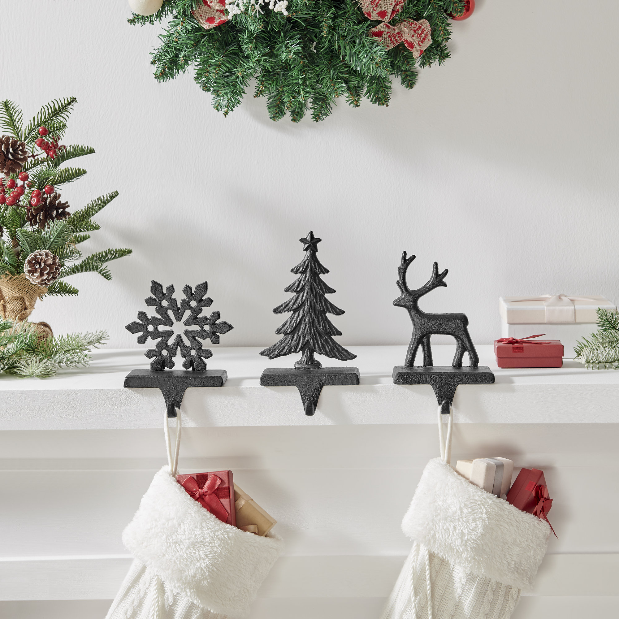 Dark Brown Cast Iron Holiday Sculpture Figure Christmas Decorative Utility Mantel Stocking Hook Set Of 3 - Snowflake, Reindeer, Tree