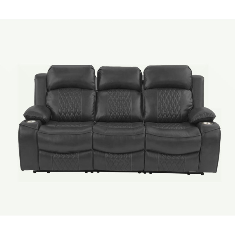 Power Motion Sofa 1Pc Contemporary Gel Leatherette Storage Arms W Cup Holder Living Room Furniture, Charcoal