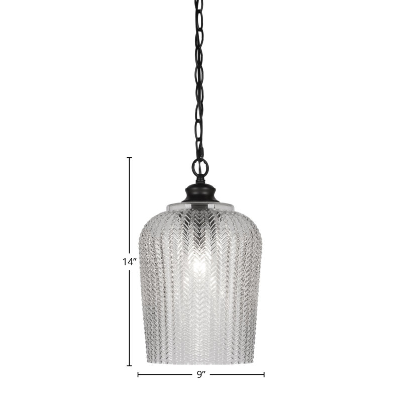Senga Chain Hung Pendant With 9" Glass, Clear Textured, Matte Black