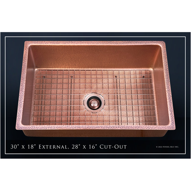 Lavabo encastré / encastré en cuivre martelé de calibre 12 de 30 po Fossil Blu Luxury, patine moyenne, avec accessoires