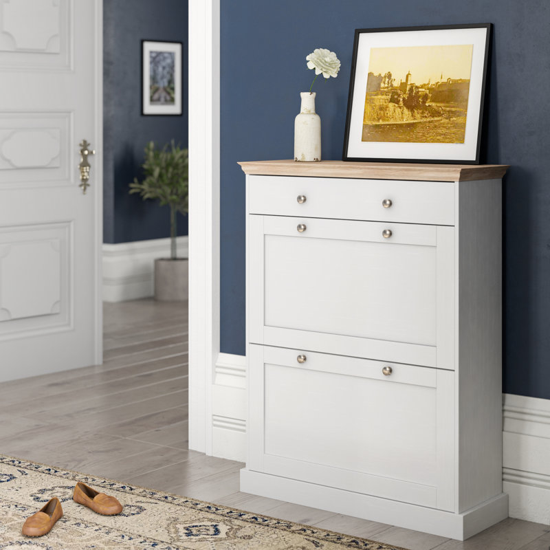 Bruce 12 Pair Shoe Storage Cabinet, White / Oak