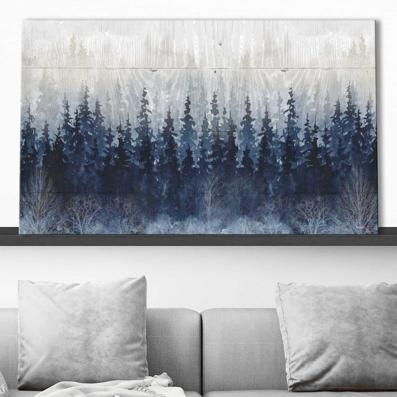 «Misty Indigo Forest» par Carol Robinson - Peinture, L 30 po x H 18 po, Toile tendue