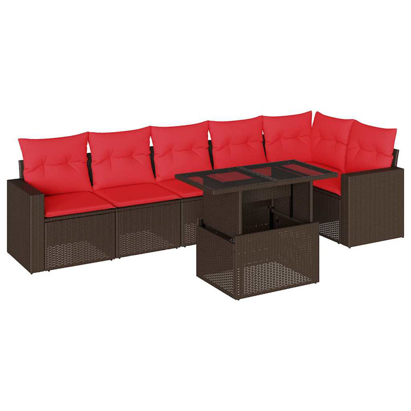 Ensemble de canapé de patio 7 pièces avec coussins en rotin de polyester, Rouge, Brun
