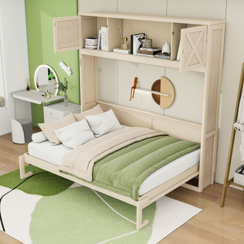 Grand lit escamotable avec tablettes de rangement, Beige
