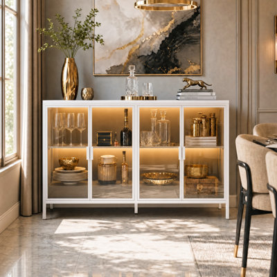  55.1" W 4-Door Glass Display Sideboard with 3-Color LED Lights & Tempered Glass
