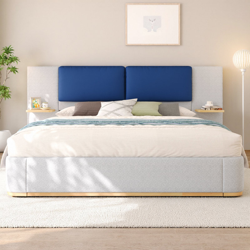 Très grand lit plateforme tapissier avec tablettes de rangement, cadre de lit à panneau en tissu avec coins arrondis doux et tête de lit rembourrée en polyuréthane, aucun sommier requis, capacité de 600 lb