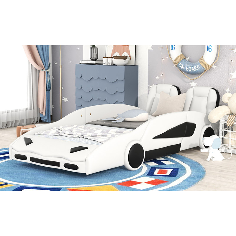 Lit plateforme simple avec conception de voiture de course, roues, blanc, lit d'appoint élégant en forme de voiture, confortable et sécuritaire