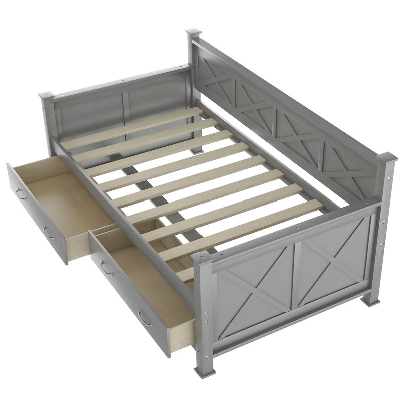 Lit de jour simple avec 2 grands tiroirs, structure en forme de X, Gris