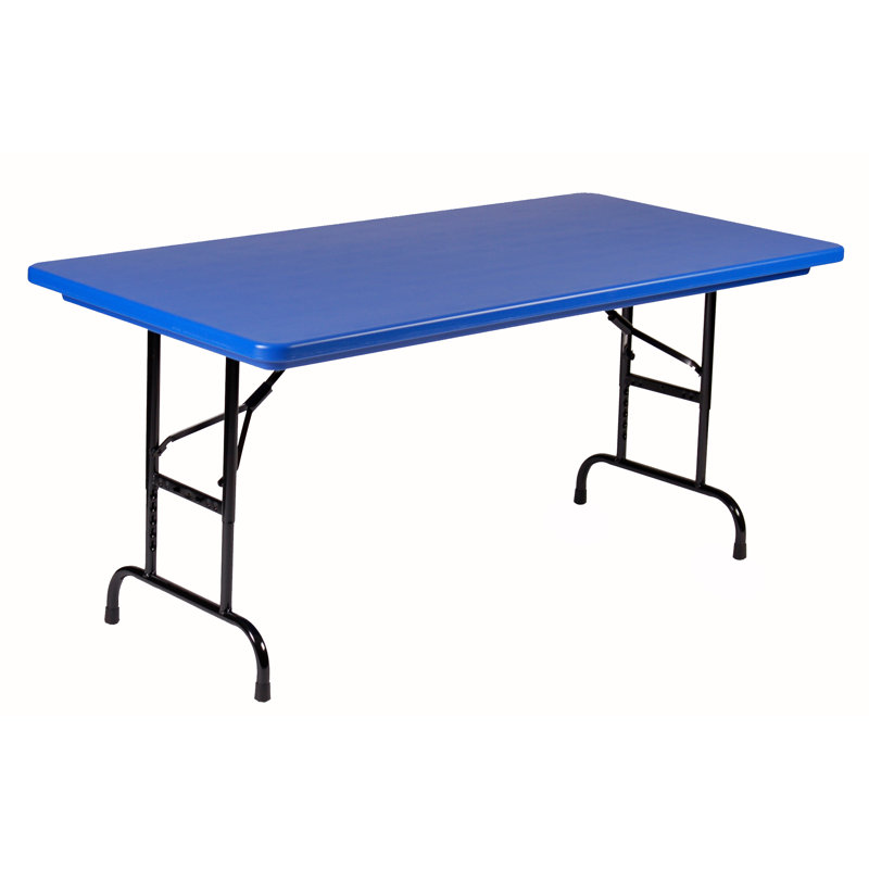 Adjustable Height Blue Plastic Top Folding Table with Black Steel Frame